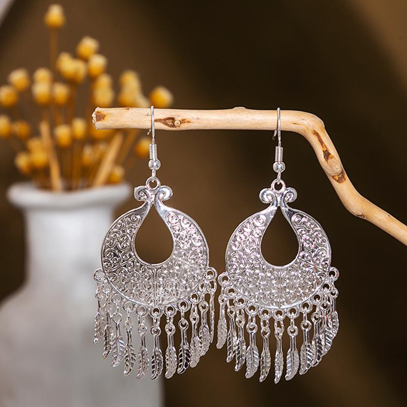 Ethnic Miao Silver Style Long Tassel Earrings with Ancient Scenic Stud Design for Women