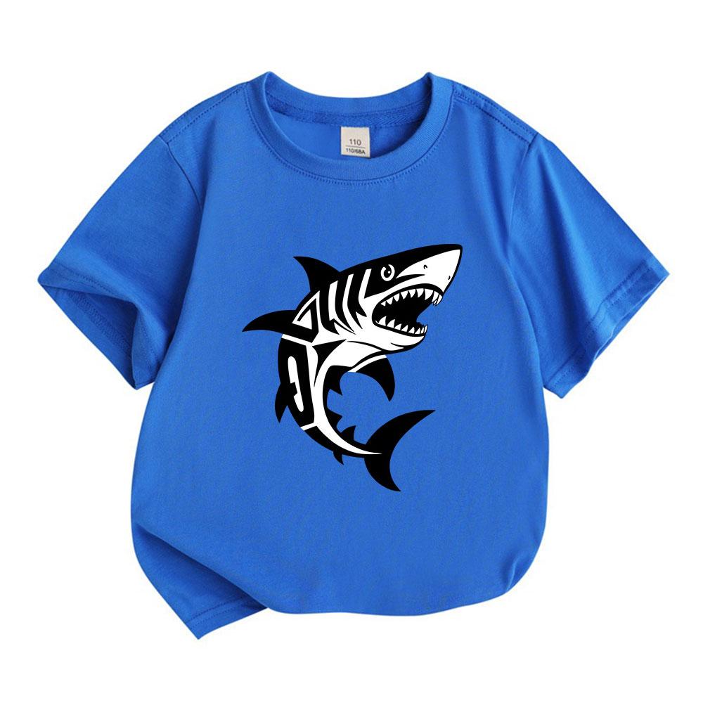 Kids Boys Girls 100% Cotton Crew Neck Short Sleeve T-Shirt, Cool Tribal Style Great White Shark Print Casual Summer Tees for Little Children Daily Wea