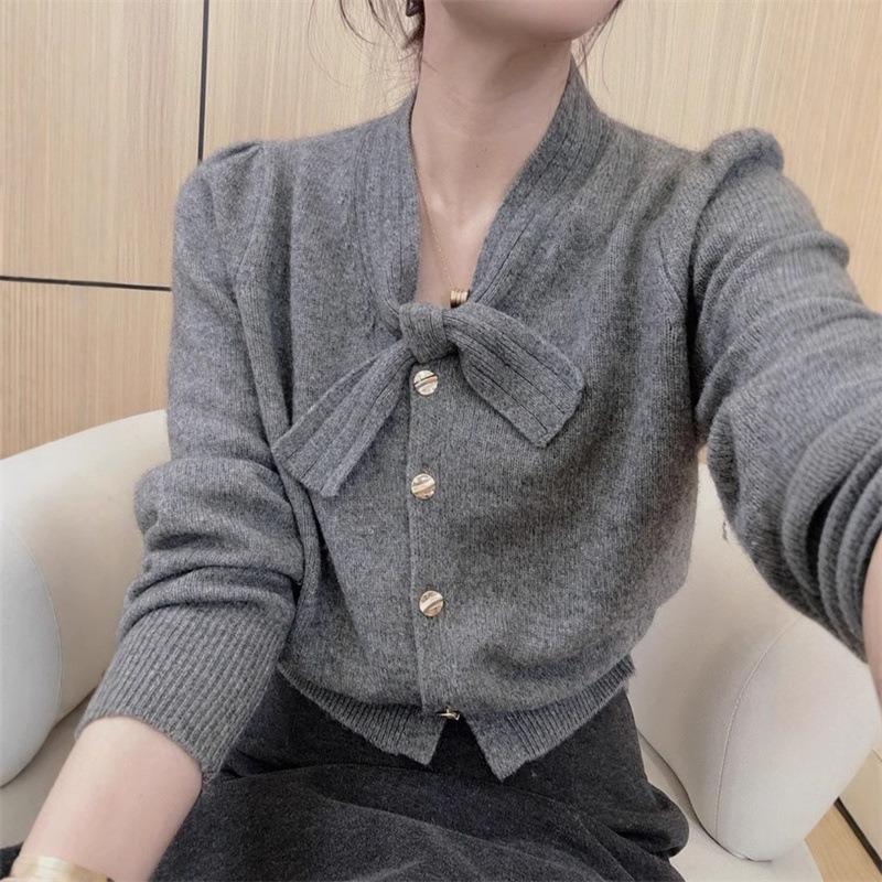 Bow Neckline Solid Color Knitted Sweater Autumn Large Size Fat MM Elegant Temperament Fashion Cardigan Long Sleeve Top