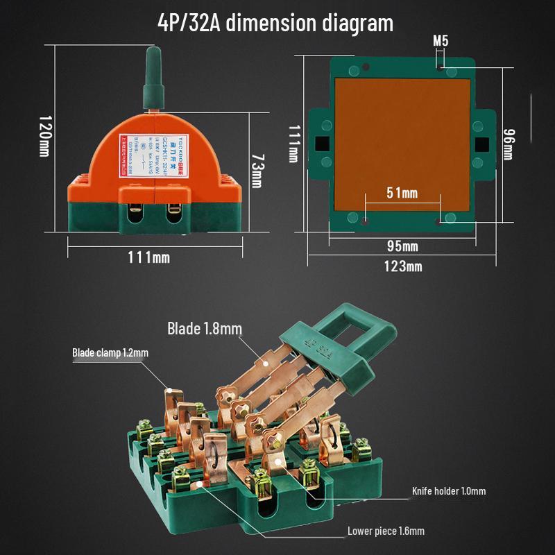 3P 63A Double-Pole Double-Throw Reversing Knife Switch, 100A Three-Phase, Dual Power Transfer