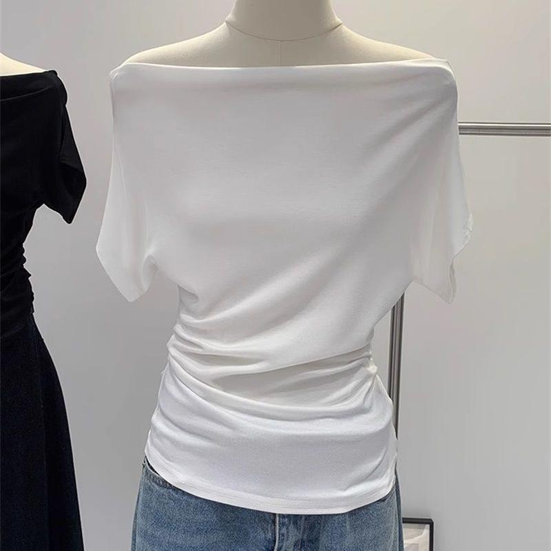Sommer Reines Verlangen Ein Schulter Schwarz Kurzarm Damen T-Shirt Koreanischer Stil Schlankmachendes Top Freiliegende Schulter Modisch