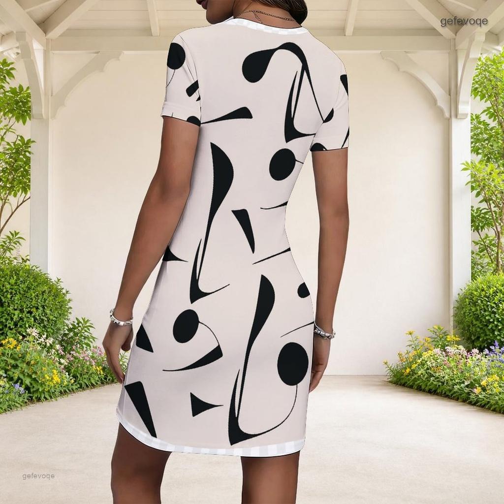 Women Plus Size Round Neck Short Sleeve Multicolor Printed Fitted Mini Dress