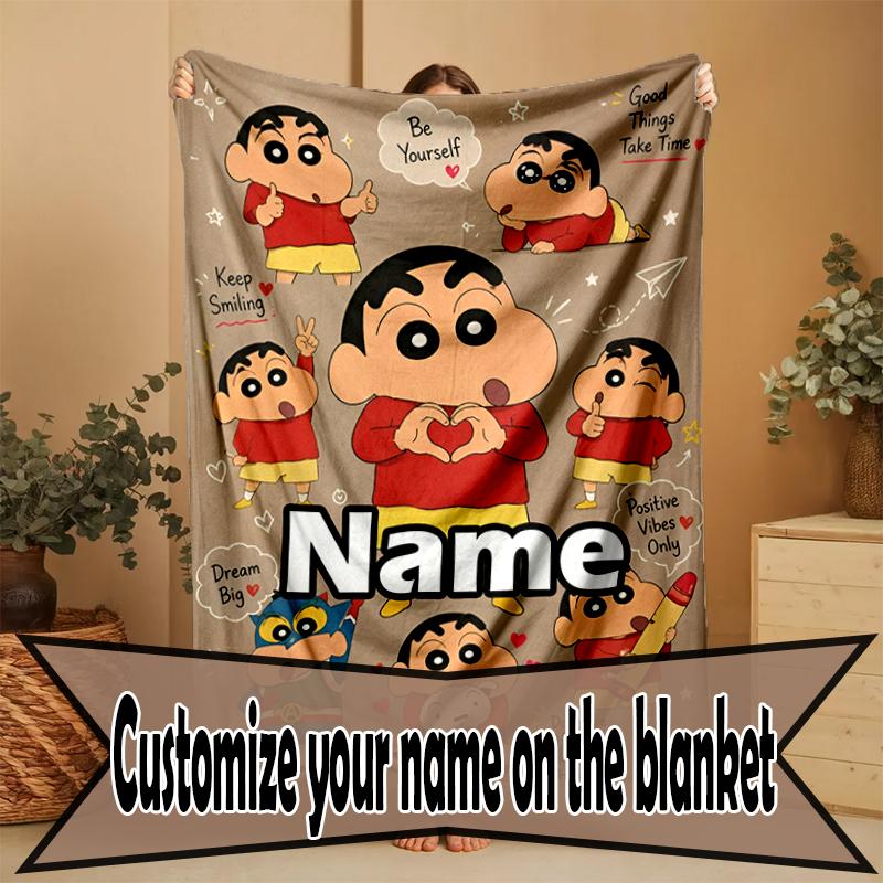 Custom Name Personalized Crayon Shin Print Blanket, Home Decor, Bedroom, Sofa, Camping, Couch, Gifts for Birthday Christmas
