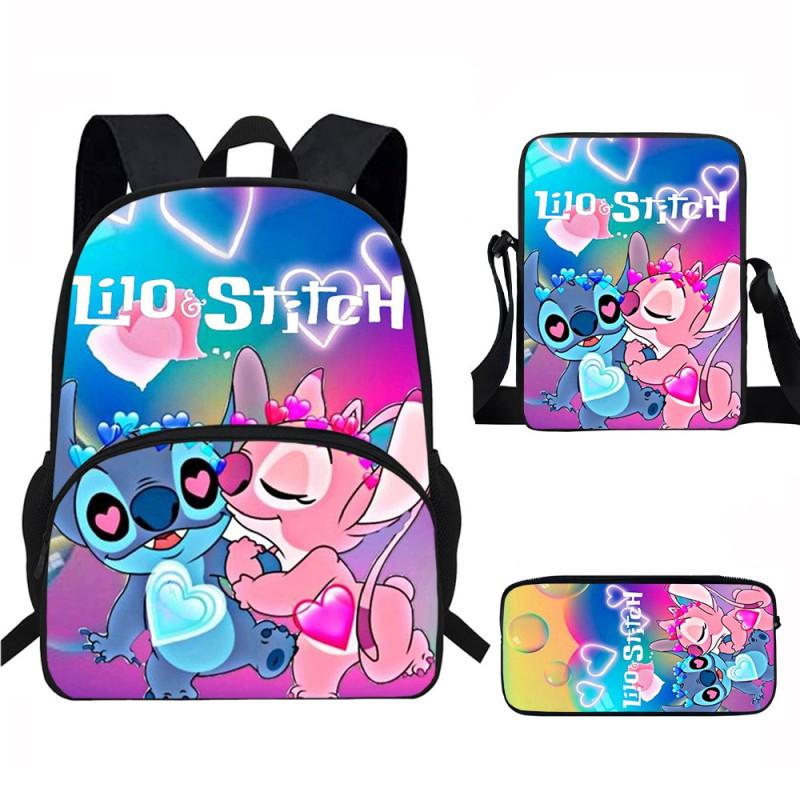 Stitch Kids School Backpack Set Elementary Students Oxford Fabric Ergonomic Design Printed Cartoon 3-Piece Bundle