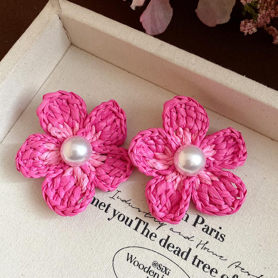 Seaside vacation wind silver needle pearl raffia flower stud earrings sweet small fresh earrings niche high-end earrings