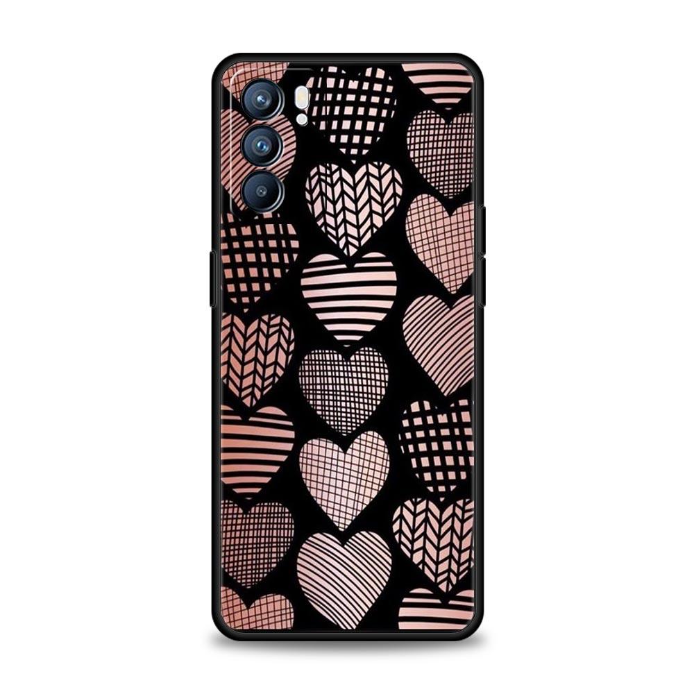 Gold Pink Rose Glitter Hearts Case For Oppo A54 A53 A52 A15 A95 A16 A78 A79 A80 A98 4G Find X5 X6 Reno10 12 13 F Pro 5G Cover