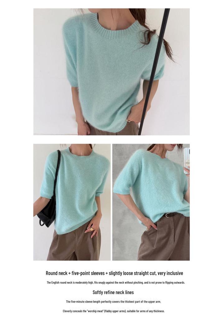 Rong Tai Women's Multi-color Cashmere Knit Top - Round Neck, Mid-Sleeve, Soft & Loose