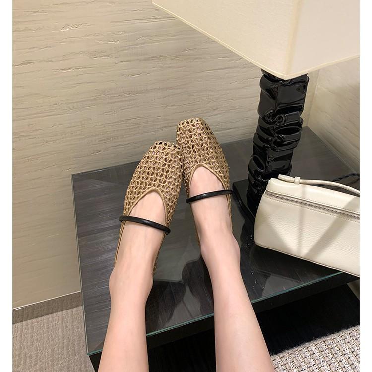 Verze z ovčí kůže~ kožené čtvercové špičky duté síťované sandály dámské nové měkké podrážky tkané sandály Mary Jane jednobotky