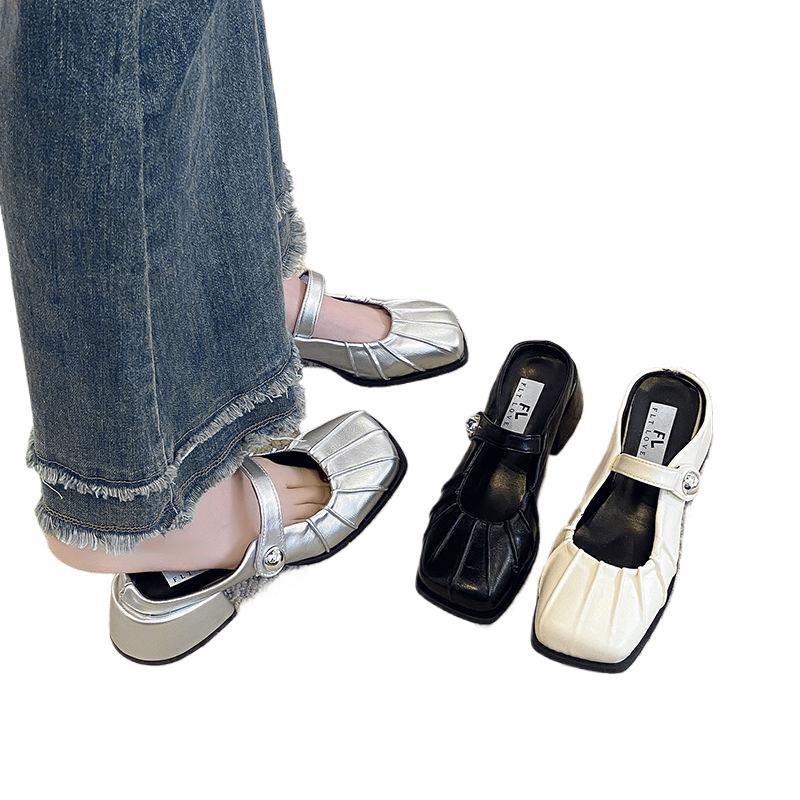 High-heeled bag head half slippers women's outer wear 2025 new spring and summer thick heel medium heel silver Mary Jane single shoes sandals