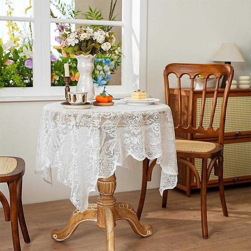 Elegant French White Lace Tablecloth - Solid Polyester, Round/Rectangular/Square Options for Dining and Coffee Tables, Perfect for Home Decor