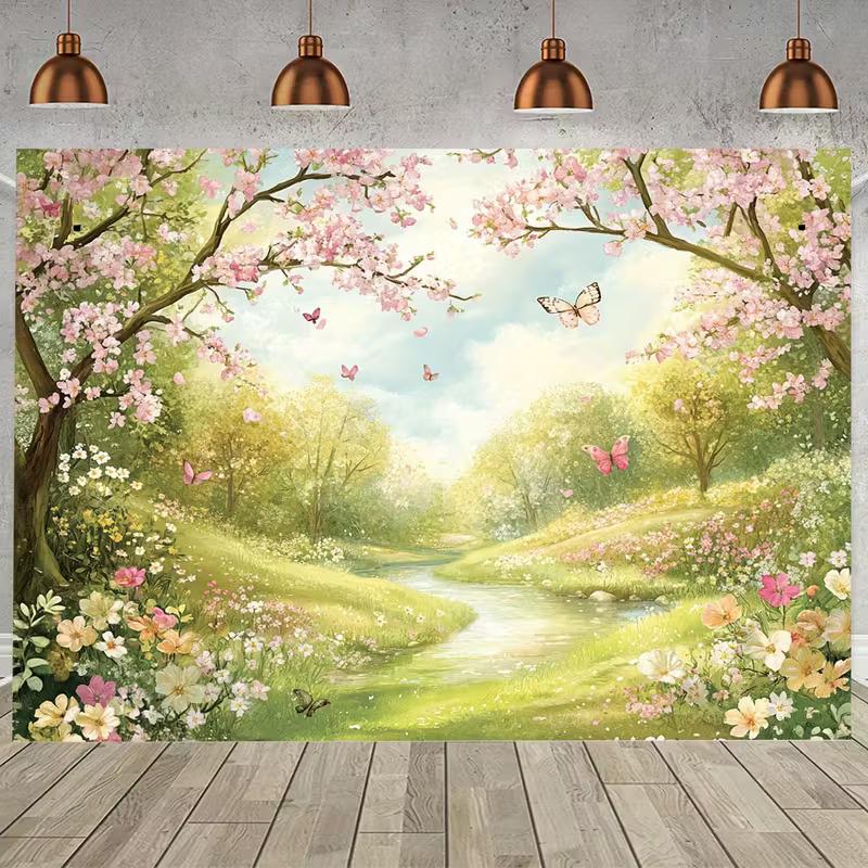 2D Enchanted Cherry Blossom Backdrop Spring Garden Party Photo Booth Background