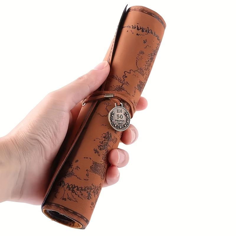 Creative Treasure Map Retro Pencil Case Leather Large Capacity Roll Pencil Bag Embossed Buckle Simple Stationery Box Roll Portable Pencil Pen Holder