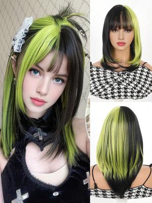 Perücken 18 Zoll schwarze Perücke Kurze glatte Perücke Schwarze und grüne Ombre-Perücke Bunte Perücken für Mädchen Tägliche Cosplay-Partyperücken für Frauen