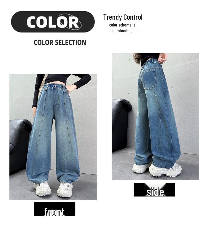 Girls' High-Waisted Wide-Leg Elastic Jeans for Kids - Slimming and Trendy Banana Pants