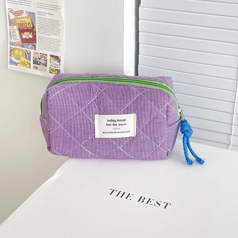 Quilted Plaid Girls Cosmetic Bags Retro Ladies Clutch Pencil Case Coin Purse Portable Travel Female Toiletry Storage Bag Handbag