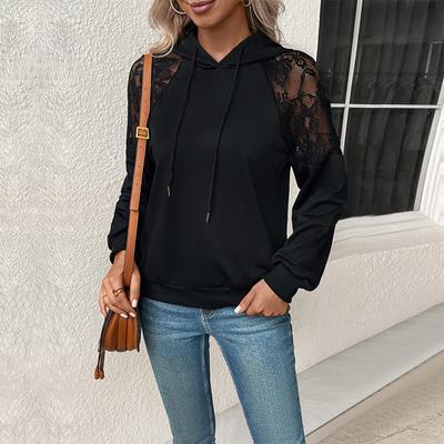 Lässiger Komfort und Vielseitigkeit Herbst Damen Kapuzen-Spitzenbesatz Schwarzes Sweatshirt Damen