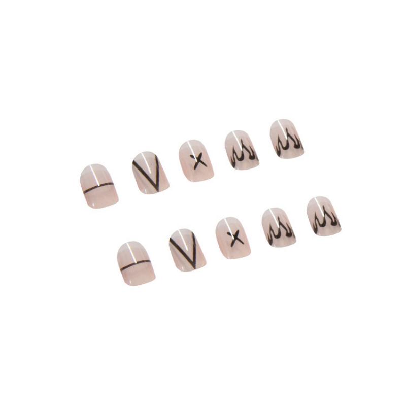 24pcs/set Cool Black Manicure Flame Line False Nails Finished Wearable Nail Stickers Press On Nail