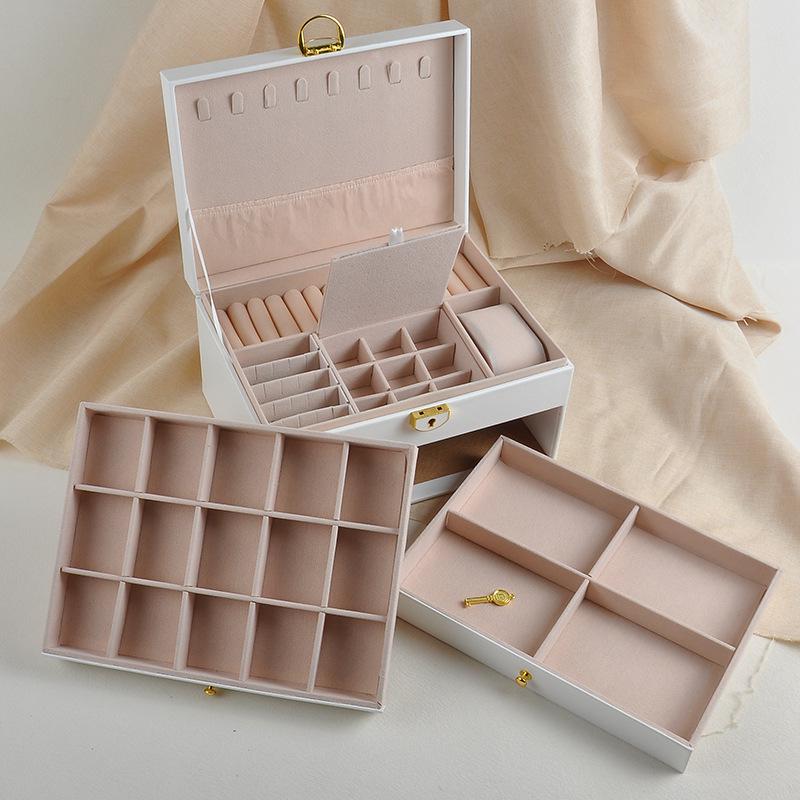 Three-Layer Leather Jewelry Box with Lock for Rings, Bracelets, and Earrings