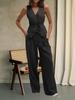Womens Vest And Wide Leg Pants Set Sleeveless Tie Waist Business Casual Suit
