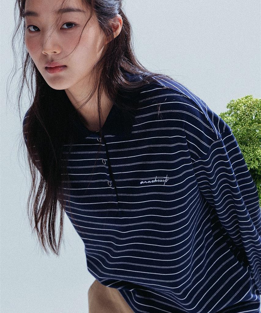 ANNEHEARTS Pin Stripe Collar Polo Tee_Navy