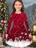 Girls' Autumn and Winter Fashion Dress, 3D Christmas Print Round Neck Long Children's T-shirt Dress, Casual Versatile, Christmas Clothing