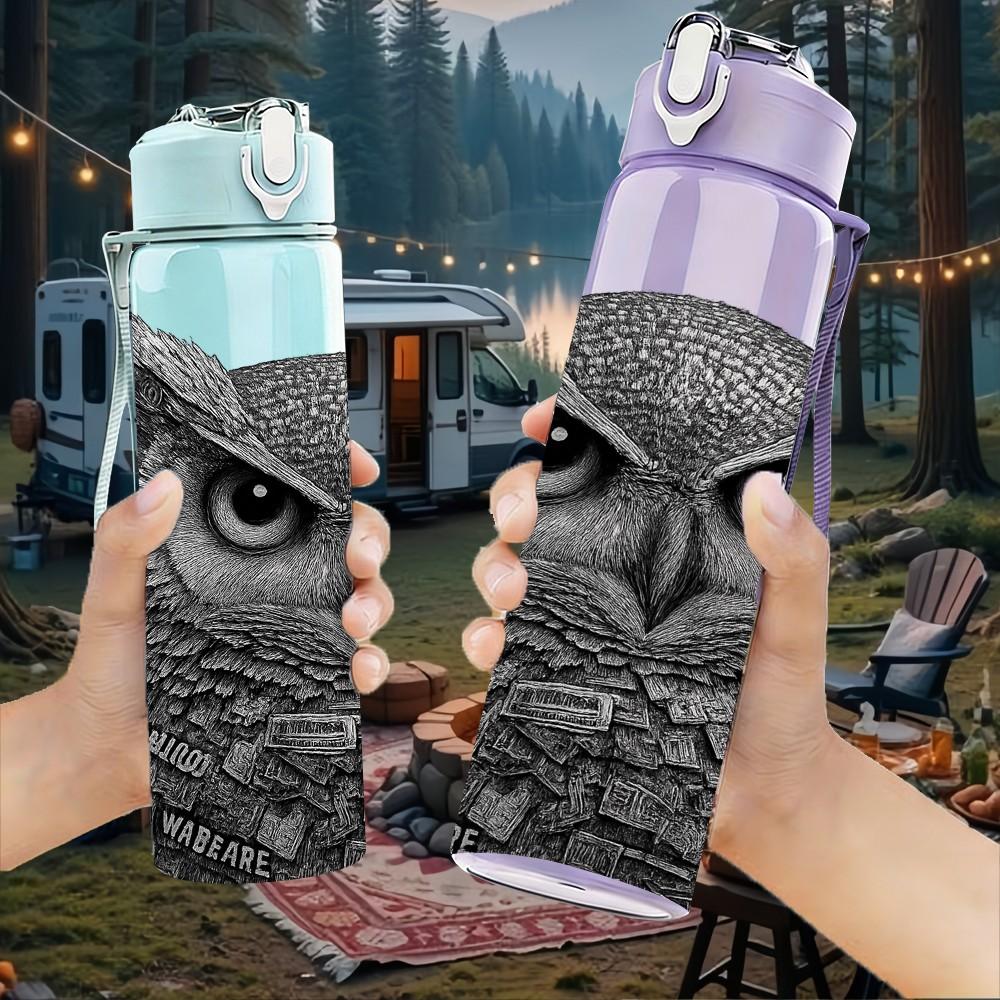 1PC Grey Owl Realistic Face Portrait Print 750ml Color Plastic Sports Water Bottle Leakproof Flip Straw Lid Suitable for Sports Office Home Use