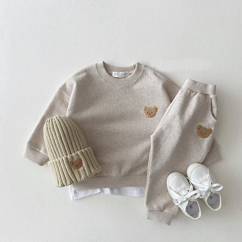 2PCS Children's Set Spring and Autumn Simple Little Bear Head Round Neck Long Sleeve Pants Top + Pant Two Piece Set