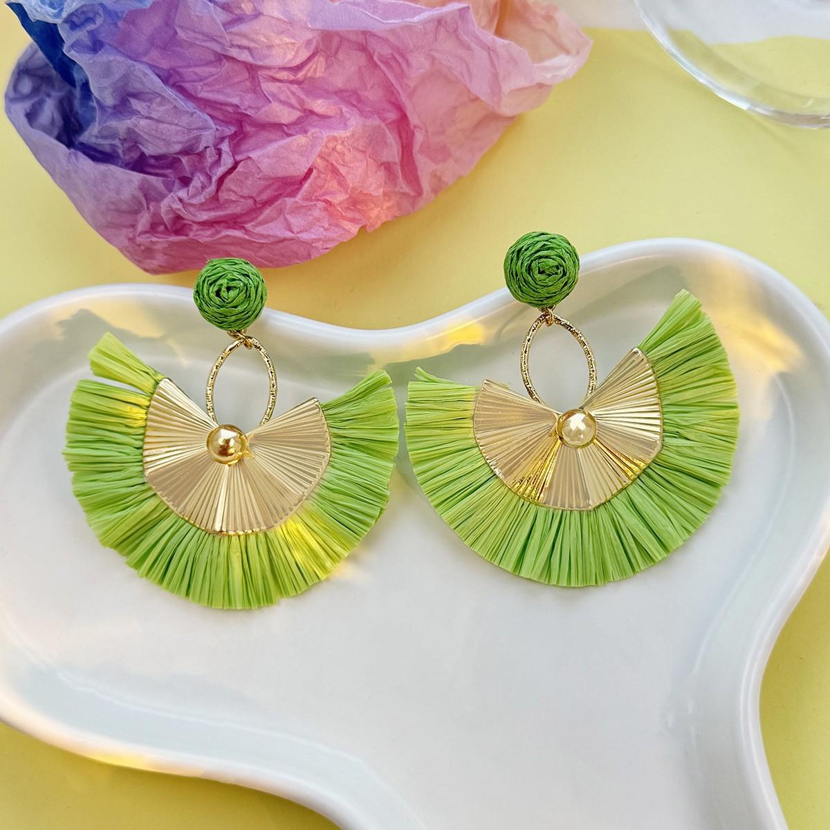Bohemian Vacation Fan-Shaped Long Fringed Earrings, Retro Hand-Woven Raffia Stud Earrings For Women