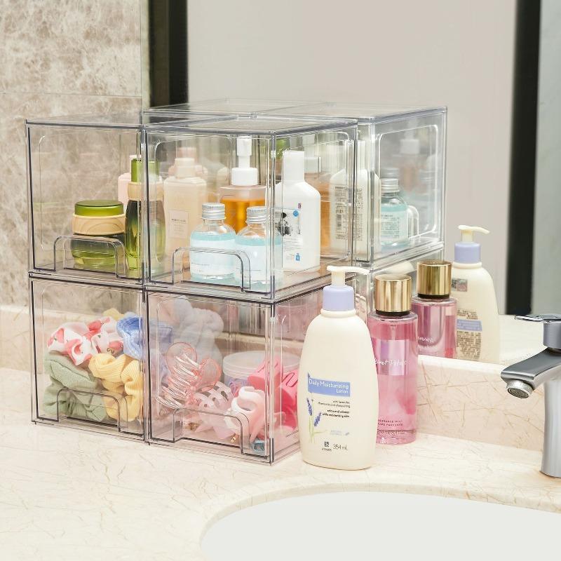 4pcs 6.6-Inch Stackable Storage Boxes Clear Plastic Drawers Suitable for Vanities Under Sinks Kitchen Cabinets Bathroom Storage
