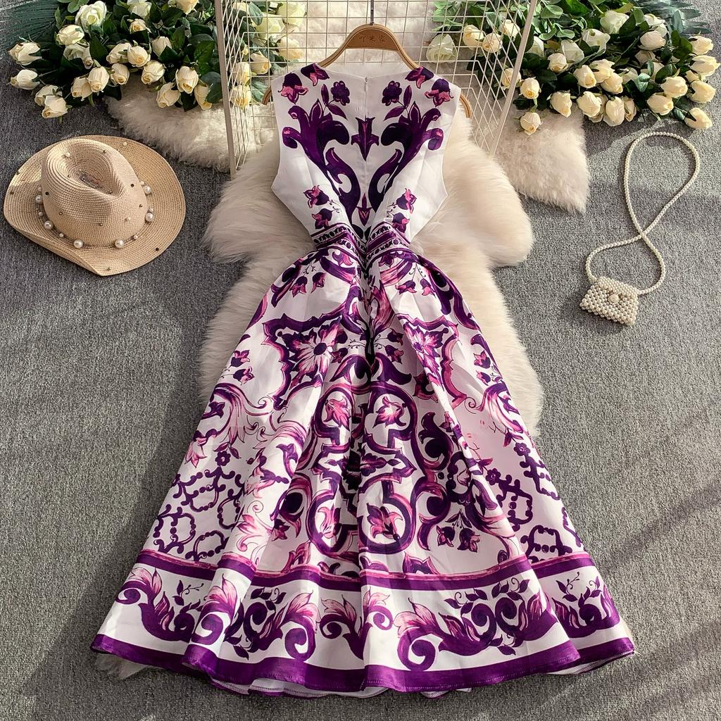Summer Vintage Designer Print Blue White Porcelain Runway Dress Women Fashion Sleeveless Tank Midi Party Dresses