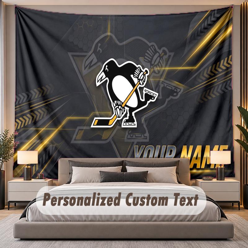 Custom Name Text Tapestry Pittsburgh Penguins Personalized Polyester Wall Tapestry For Bedroom And Room