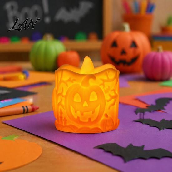 Hollow Relief Pumpkin Light Halloween LED Candle, Flameless Electronic Tealight, Embossed Resin Lantern, Durable Enamel Spooky Table Decor for Indoor
