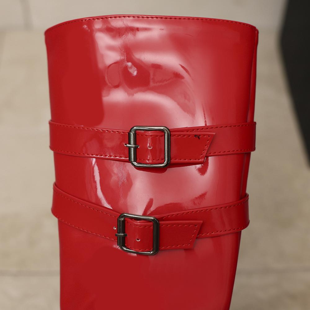 Red Black Women Knee High Boots Round Toe Mid Chunky Heels Small Big Size 32 46