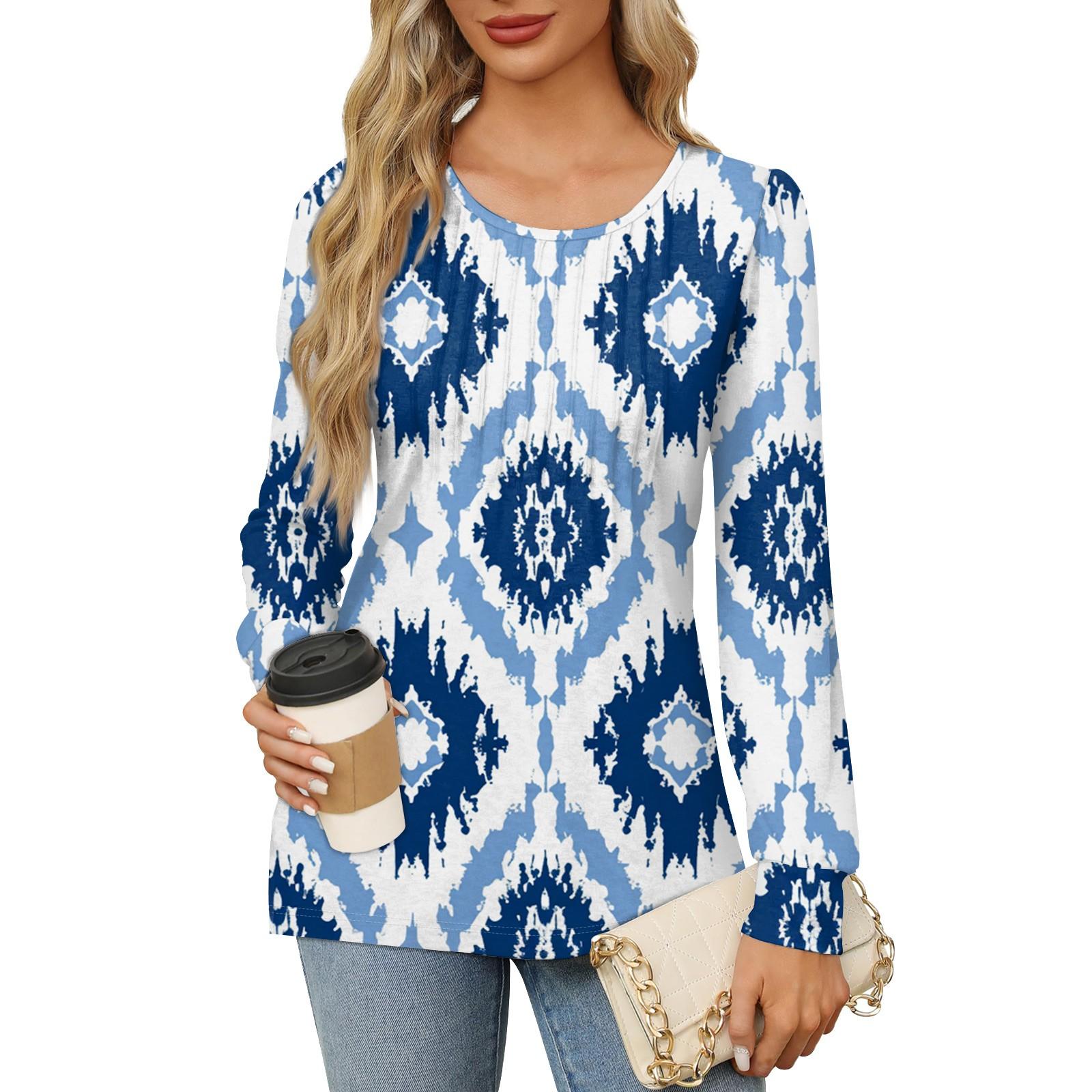 

Женская повседневная плиссированная футболка с круглым вырезом и длинными рукавами с принтом XL