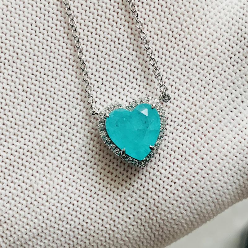 S925 Silver Heart Paraiba Necklace - Women's Layered Clavicle Chain Pendant