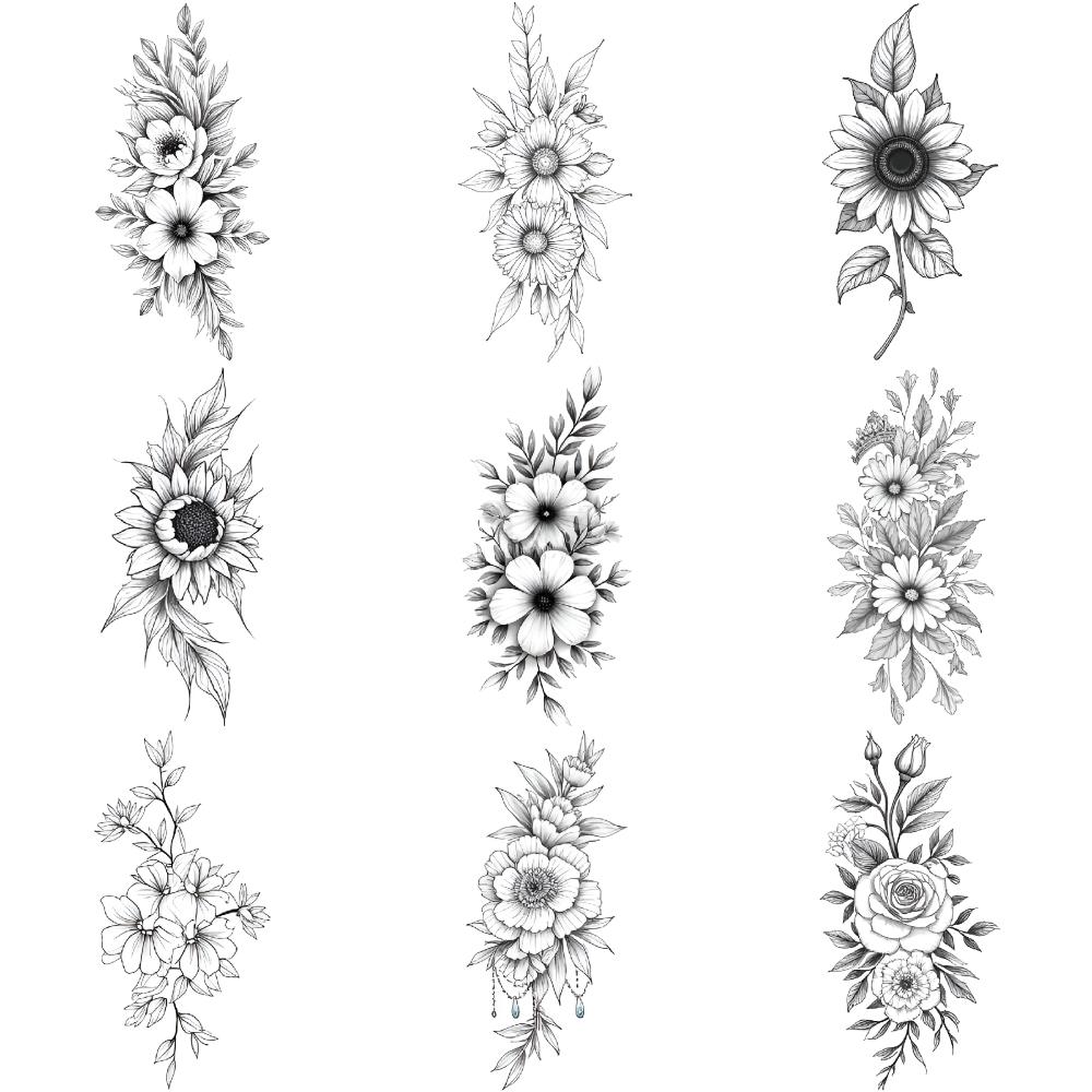 9 Piezas Tatuaje Temporal Impermeable Duradero Pegatinas Corporales Mariposa Con Flores Ramo De Flores Arreglo Floral Para