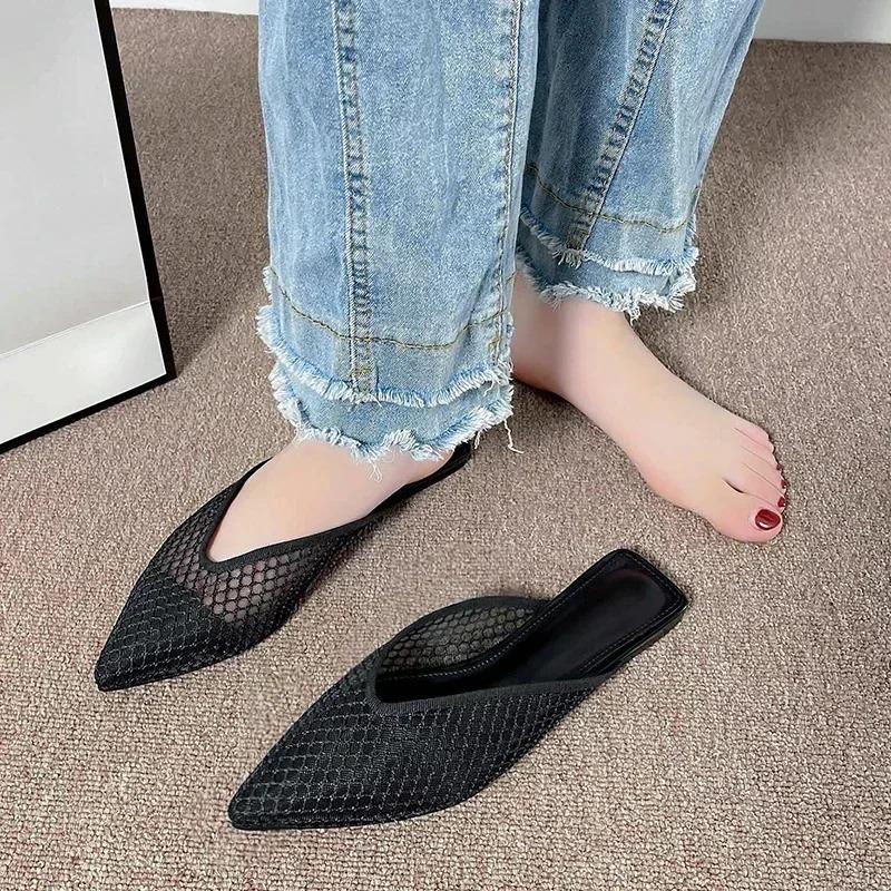 Fashion 2024 Pointed Toe Women Shoes Mesh Closed Toe Women's Slippers Simple Formal Slippers Women's Flat Soft Soled Women's Shoes