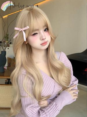 Synthetic Heat-Resistant Long Natural Wave Blonde Wigs with Bangs 24 Inches LongFor Daily Use Natural Realistic False Hairpiece