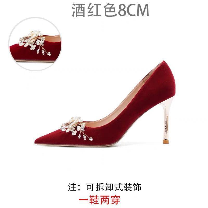 Pointed Thin Heel Wedding Shoes New Chinese Flower Xiuhe Toast Dress Burgundy Bridal Wedding Shoes Women