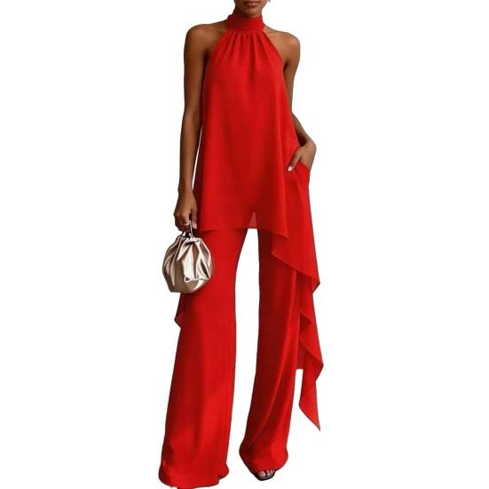 Women's Chiffon 2 Piece Sets, Asymmetrical Halter Sleeveless Tops with Wide Leg Pants Summer Outfits, Casual Vacation Lounge Matching Set