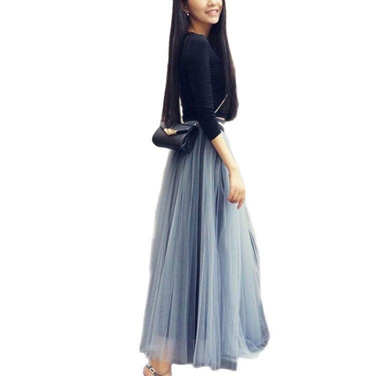 Women's High Waist Black Mesh A-line Midi Tulle Skirt