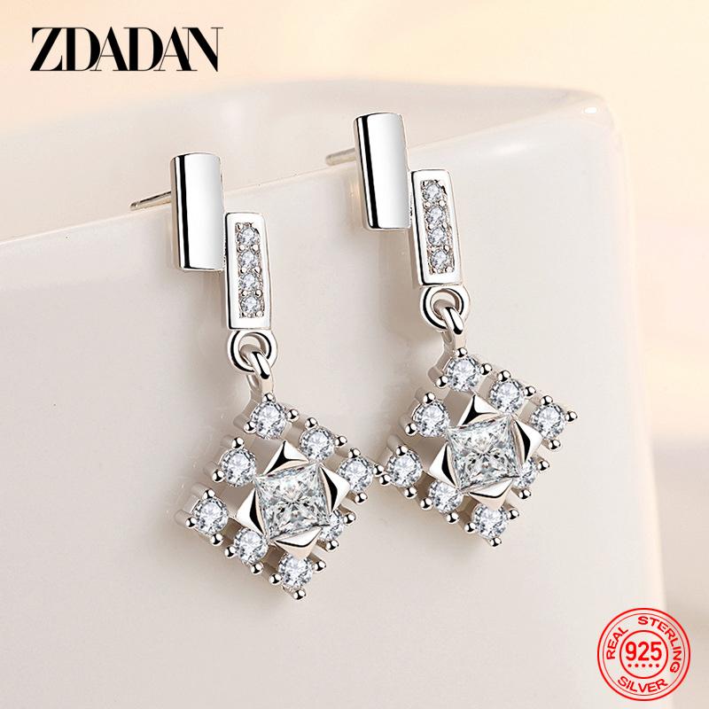 

ZDADAN 925 Silver Pink Crystal Snowflake Drop Earrings for Women Wedding Jewelry белый