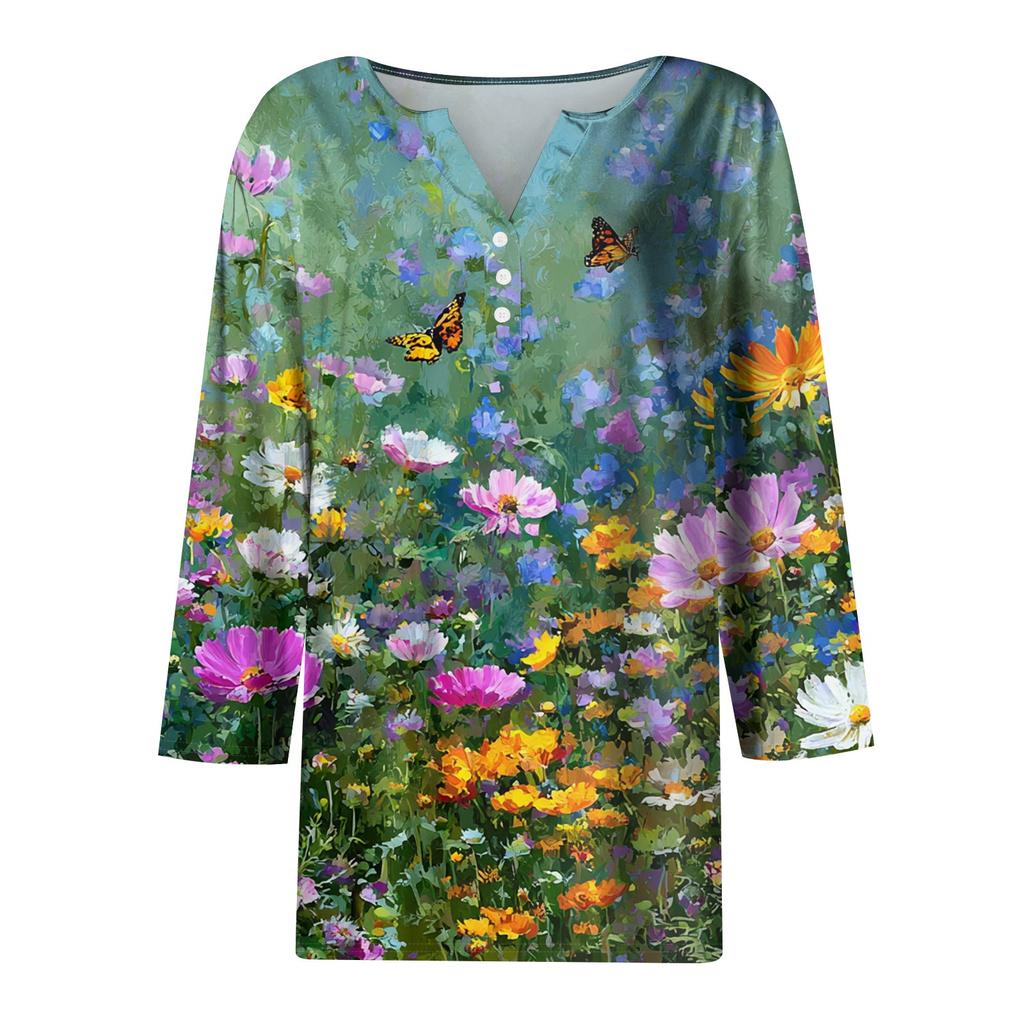 3/4 Length Sleeve Women's Tops Print Vintage Fashion Casual Loose With V Neck Plus Size Shirts Tops