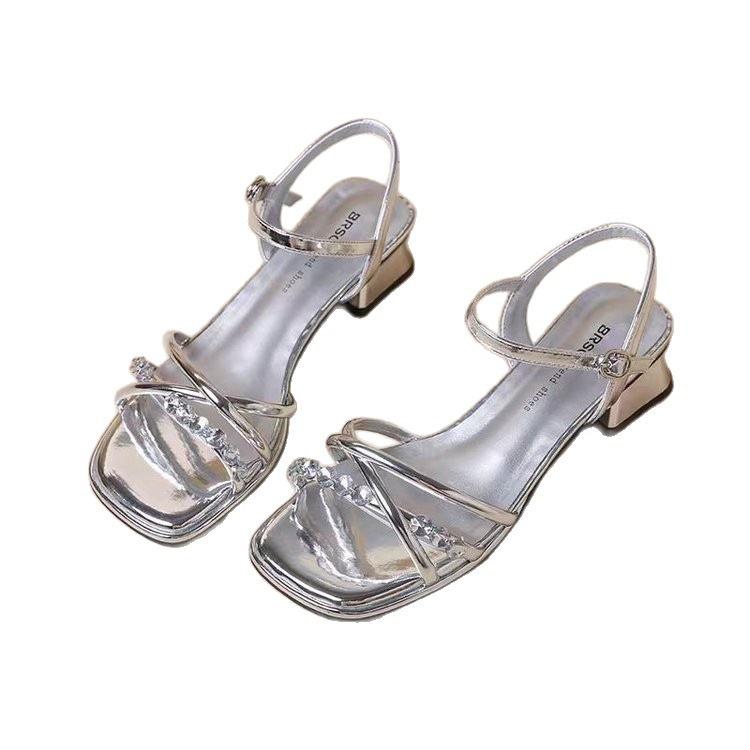 French thick-heeled sandals girl 2025 new summer fashion rhinestone fairy with skirt temperament with cool slippers