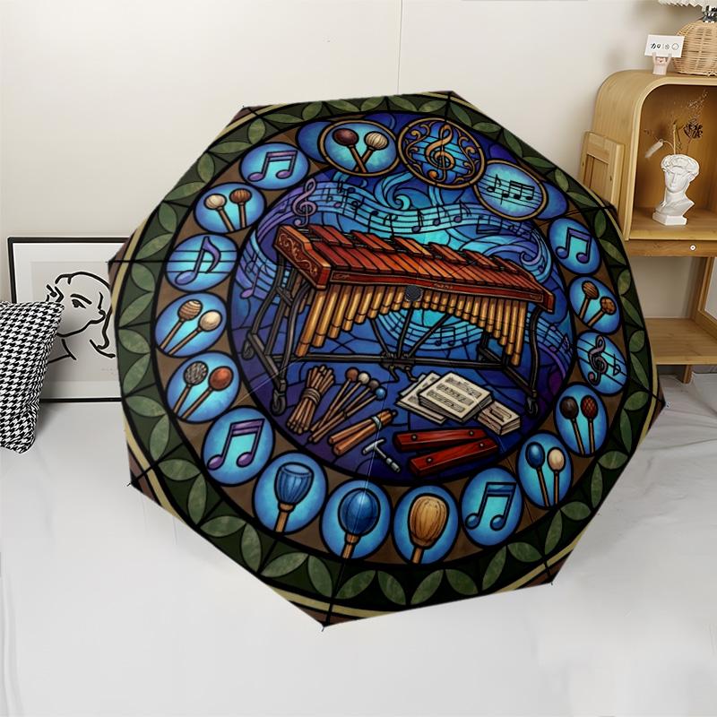 Musical Harmony Glass Pattern Umbrella, Portable and Foldable Design, 8 Ribs, a Casual Accessory for Halloween, Christmas, and Birthday Gifts.