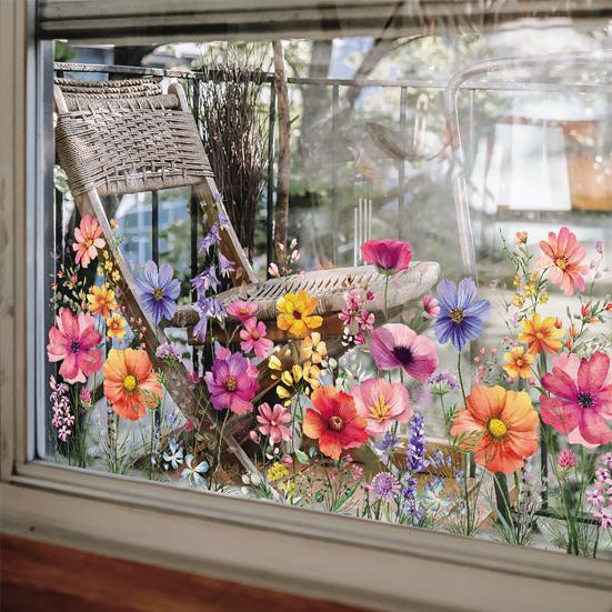 Colorful Floral Window Sticker Spring Summer Wildflower Static Window Clings Double-Sided Anti-Collision Glass Door Decals for Living Room Bedroom