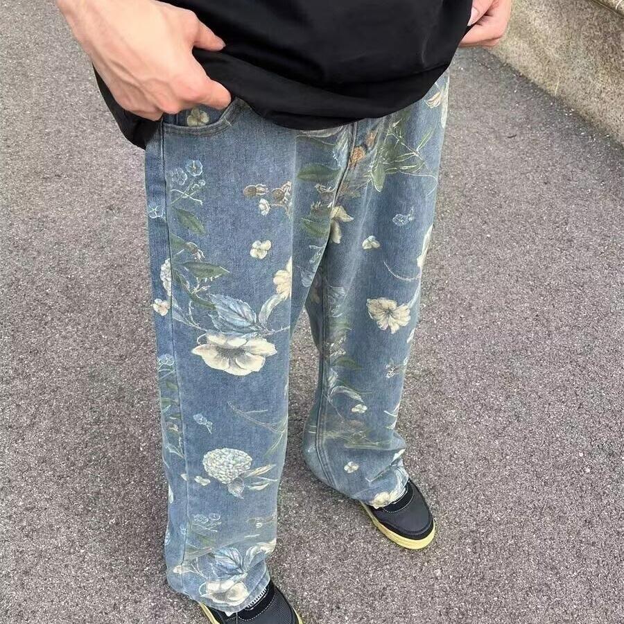 Printed Painted Jeans Men's New Popular Pants Spring and Autumn Wide-leg Pants Thin Straight Pants