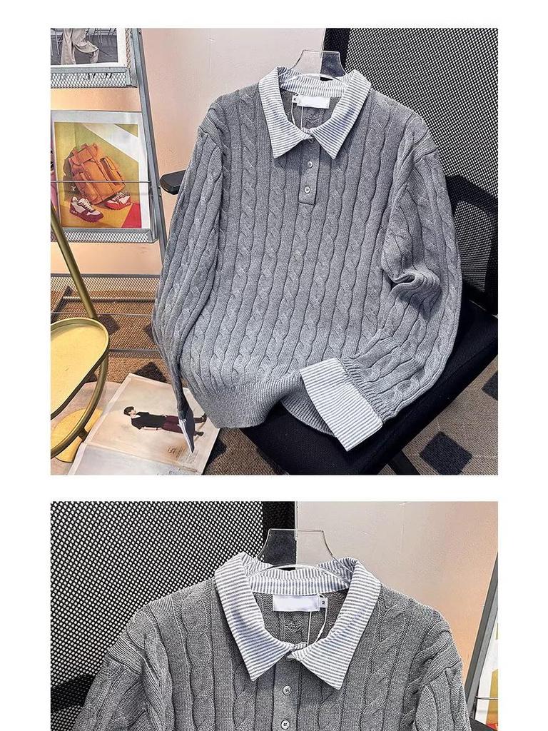 American Style Striped Cable Knit Polo Sweater - Men's Trendy Two-Piece Patchwork with Cleanfit Design