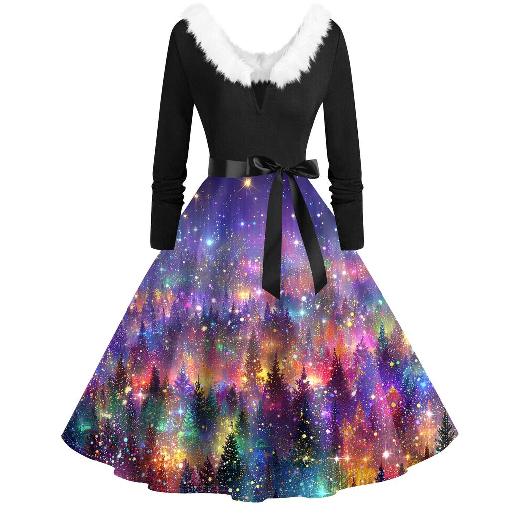 Women's Fashion V-Neck Casual Slim Christmas Printed Long Sleeve Hair Collar Dresses