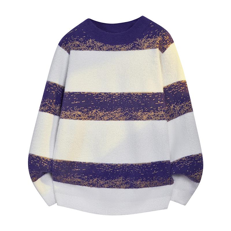 

Men s Round Neck Color Block Stripe Loose Knitwear Pullover XXL фіолетовий